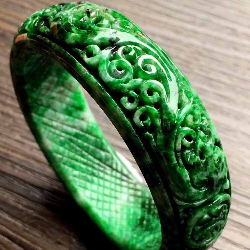 Chinese VTG 100% Natural A Sun Green Jadeite Jade Bangle Bracelet 52.2mm